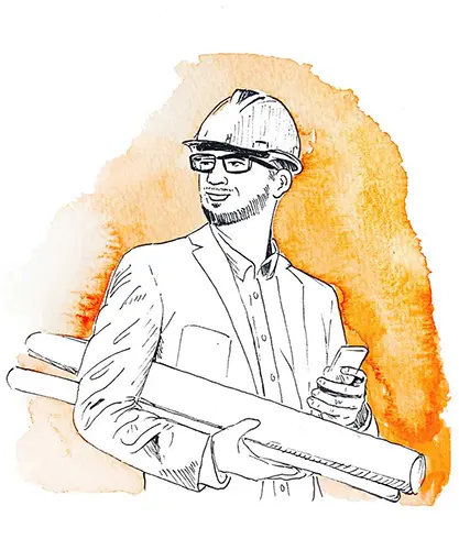 Zeichnung eines Baumeisters mit Diktiergerät