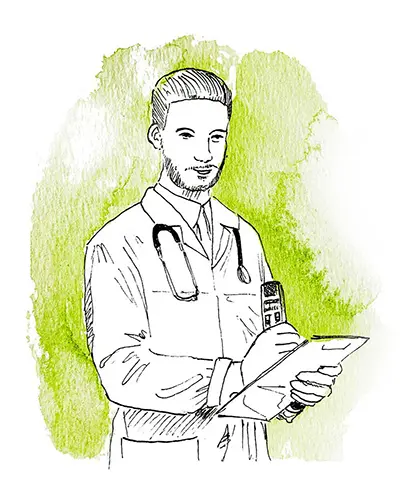 Zeichnung eines Arztes mit Diktiergerät