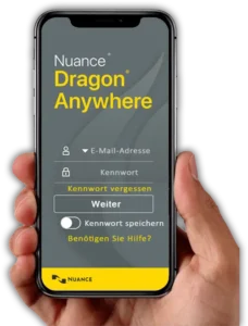 Animation einer Hand die ein Smartphone hält, auf dem Nuance Dragon Anywhere geöffnet ist